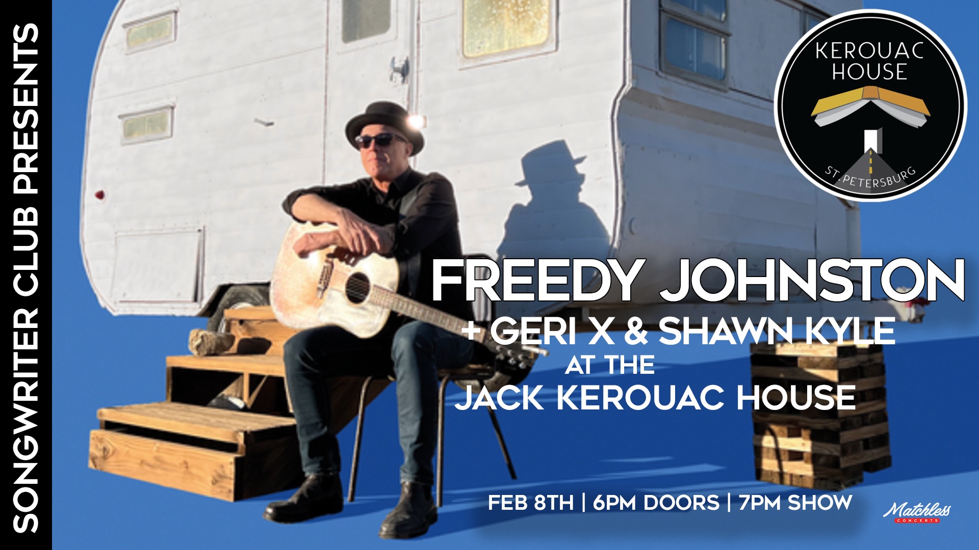 Songwriter Club vol.3: Freedy Johnston + Geri X + host Shawn Kyle at the Jack Kerouac House St.Pete Logo