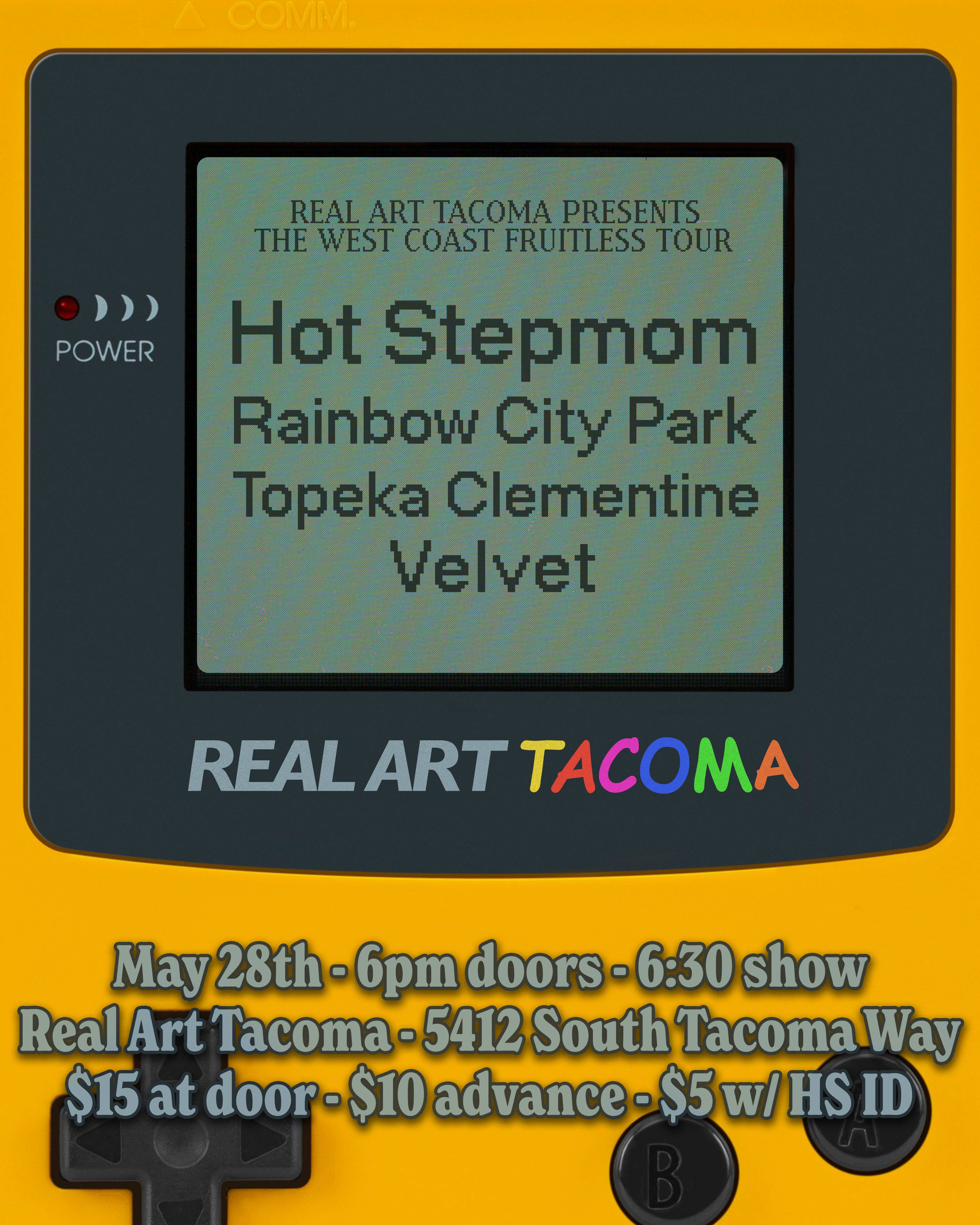 Real Art Tacoma Presents: Velvet, Topeka Clementine, Rainbow City Park, Hot Stepmom Logo