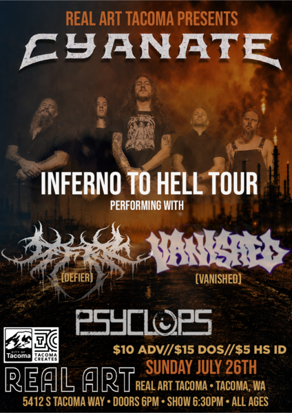 Real Art Tacoma Presents: Cyanate, Defier, Vanished, Psyclops Logo