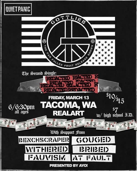 Real Art Tacoma x Ayo! Present: Gouged, Fauvism, Withered, Benchscraper, Gottlieb, Bribed, At Fault Logo