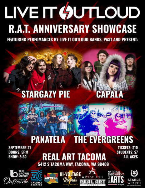 Real Art Tacoma Presents: Stargazy Pie, Capala, Panatela, The Evergreens Logo