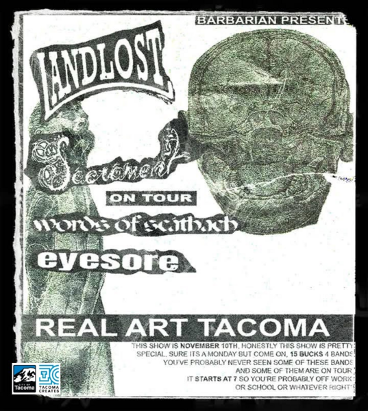 Real Art Tacoma x Barbarian Presents: Land Lost, Sacrament, Words of Scathach, Eyesore Logo