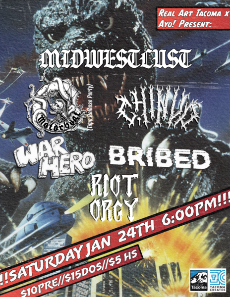 Real Art Tacoma x Ayo! Present: Motorboat Tape Release Party Ft. Riot Orgy, Bribed, War Hero, ChinUp, Motorboat, Midwestlust Logo