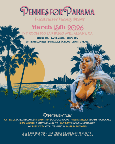 Pennies for Panama: A burlesque cabaret fundraiser with live music by Shark in the Water! Logo