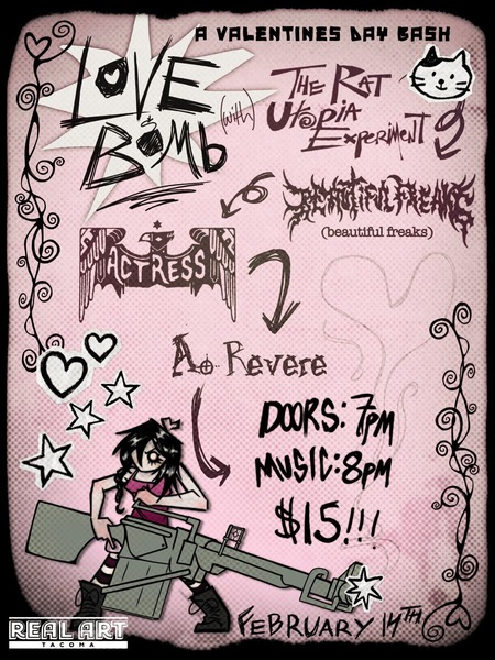 Real Art Tacoma Presents: Love Bomb: The Rat Utopia Experiment, Beautiful Freaks, Actress, Ao Revere Logo
