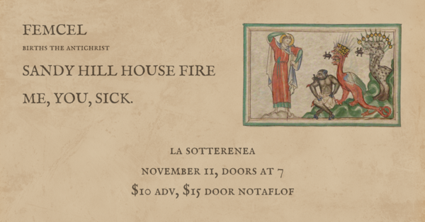 Femcel + Sandy Hill House Fire + Me, You, Sick. Logo
