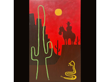A vibrant desert scene at dusk with silhouetted figures and fauna under a striking red sky.