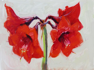"Four Amaryllis Blooms,still life,oil on panel,9x12,price $250" original fine art by Joy Olney