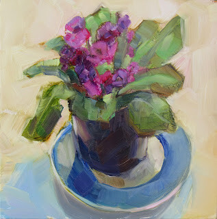 "Purple Primrose on Plate,still life,oil on panel,8x8,price $250" original fine art by Joy Olney