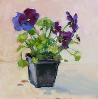 "First Spring Pansies,still life,oilon panel,8x8,price $225" original fine art by Joy Olney