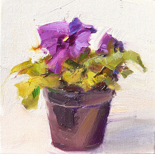 "Purple Pansy,still life,oil on canvas.6x6,price $200" original fine art by Joy Olney
