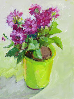 "Purple Dahlia Plant,still life,oil on canvas,12x9,price, $300" original fine art by Joy Olney