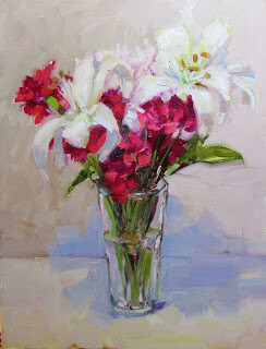 "Lilies, Carnations and Mums,still life,oil on panel,12x9,price $275" original fine art by Joy Olney