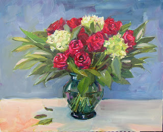 "Roses and Hydrangeas,still life,oil on panel,16x20,price $400" original fine art by Joy Olney
