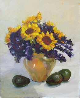 "Purple Kale, Yellow Sunflowers,still life,oil on canvas,20x16,price $400" original fine art by Joy Olney