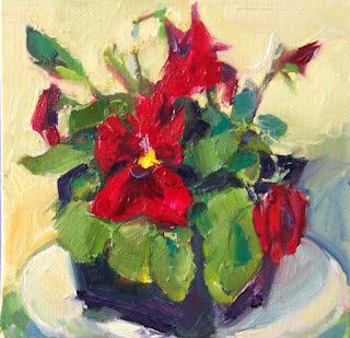 "Happy Red Pansy,still life,oil on canvas,6x6,price $200" original fine art by Joy Olney