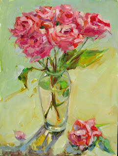 "Bouquet of Roses,still life,oil on panel,12x9,price $300" original fine art by Joy Olney