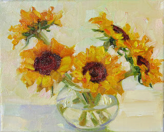 "Sunflowers in Vase,still life,oil on canvas,8x10 price $250" original fine art by Joy Olney