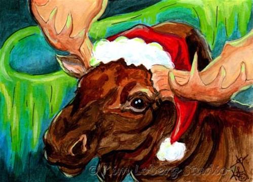 "Santa Moose Watching the Northern Lights" original fine art by Kim Loberg