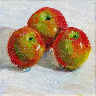 "Three Apple Friends,still life,oil on canvas,6x6,price $200" original fine art by Joy Olney