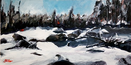 "1977 Snowy Landscape with red Dots" original fine art by Dietmar Stiller