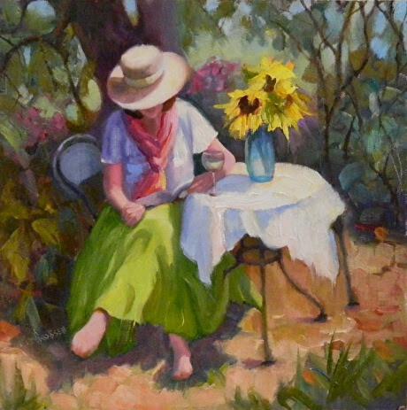 "Mary's Garden, 12x12, oil, gardens, relaxation, women in hats, mothers day, sunflowers, table in t" original fine art by Maryanne Jacobsen