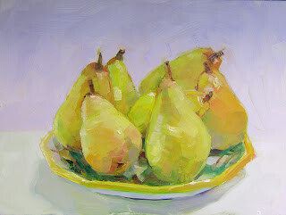 "Pears on Spanish Plate,still life,oil on panel,9x12,price $275" original fine art by Joy Olney