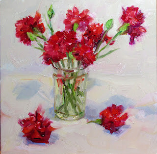 "Red Carnations,still life,oil on panel,8x8,price $200" original fine art by Joy Olney