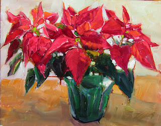 "Poinsettia II,still life,oil on pro panel,11x14,price $300" original fine art by Joy Olney