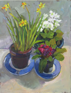 "Pots of Spring Color,still life,oil on masanite,16x12,price $275" original fine art by Joy Olney