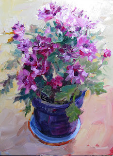 "PurpleMums,still life,oil on panel,12x9,price $275" original fine art by Joy Olney