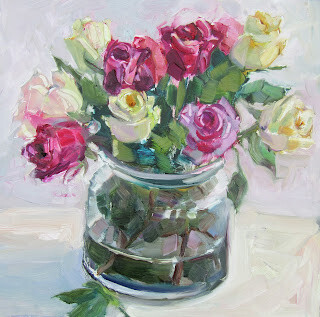 "Mixed Roses,still life,oil on pro panel,12x12,price $275" original fine art by Joy Olney