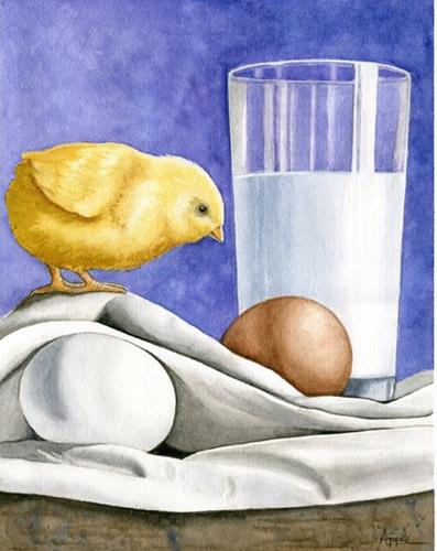 "Morning Visitor - baby chicken still life watercolor" original fine art by Linda Apple