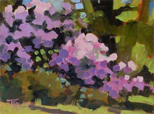 "Pink Rhodies  Seattle Arboretum, plein air painting by Robin Weiss" original fine art by Robin Weiss