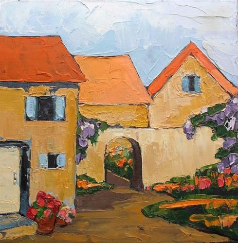 "Lynne French PROVENCE Courtyard GARDEN Villas Impressionist Landscape Art 12x12" original fine art by lynne french