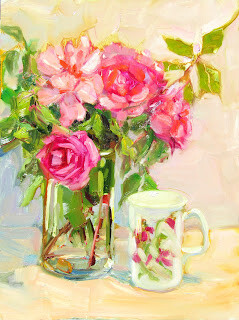 "Roses with Mug,still life,oil on panel,12x9,price $300" original fine art by Joy Olney