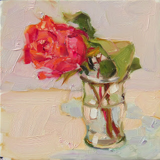 "Salmon Rose,still life,oil on panel,6x6,price$200" original fine art by Joy Olney
