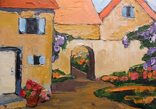 "Lynne French PROVENCE Courtyard GARDEN Villas Impressionist Landscape Art 12x12" original fine art by lynne french