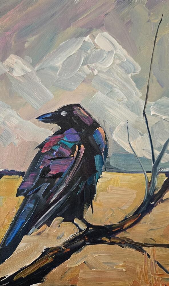 Crow on a Stick 10x6 oil on canvas 