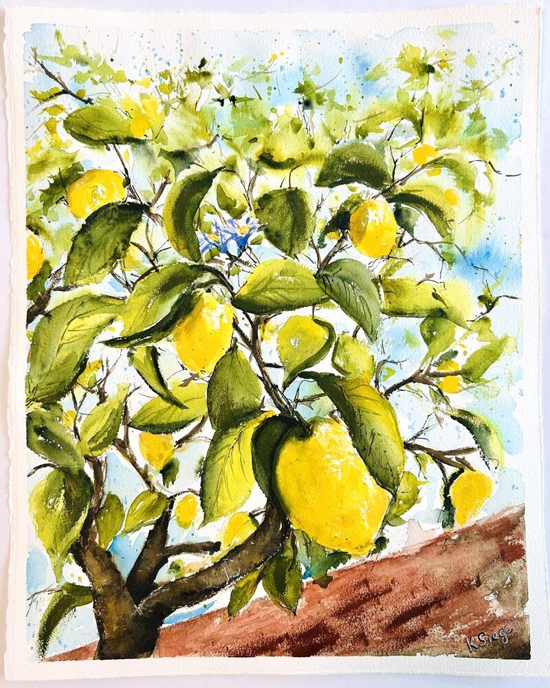 絵画油絵  シクラメン・林檎・檸檬 Lemon Trees Painting Watercolor Cit