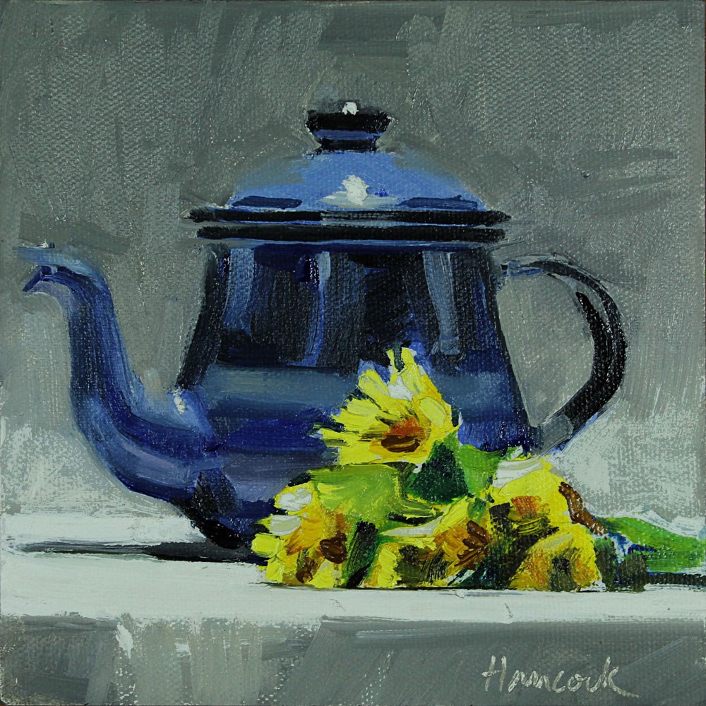 "Blue Metal Teapot with Dandelions" by Gretchen Hancock