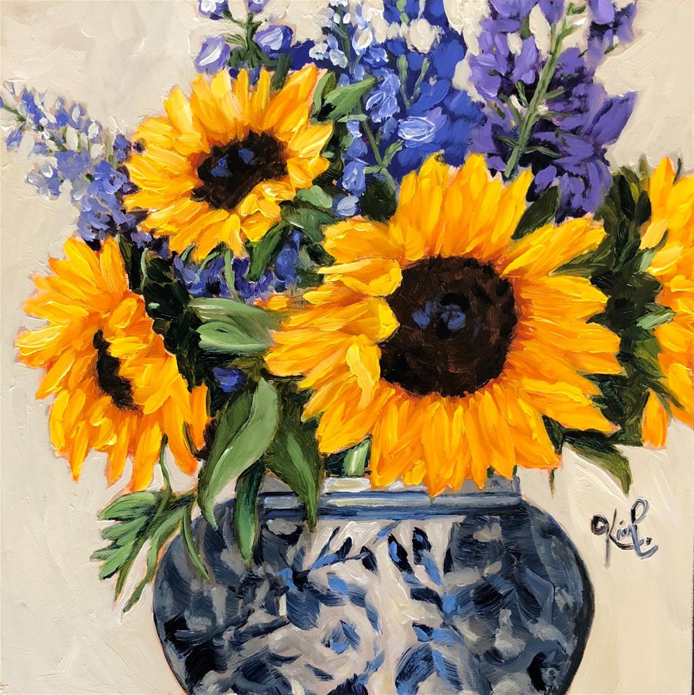 "Sunflower Bouquet in Blue and Whit..." by Kim Peterson