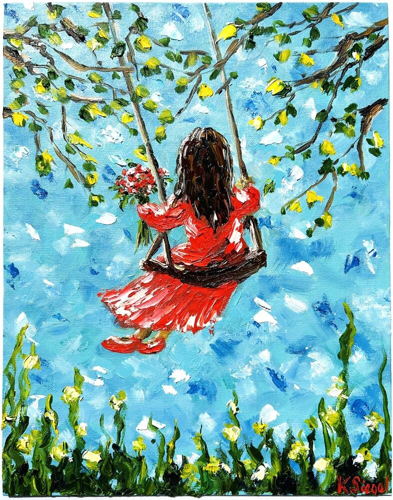 Girl In Red Dress On Swing Painting..." by Kristina Siegel