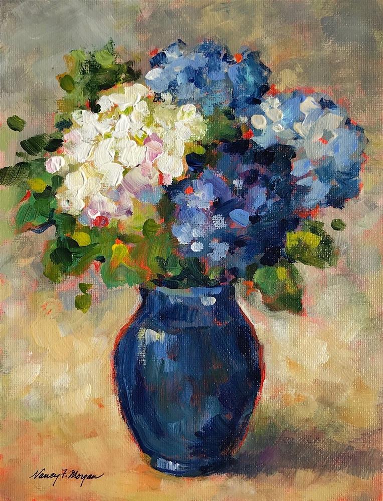 "Hydrangeas in Blue Vase " by Nancy F.