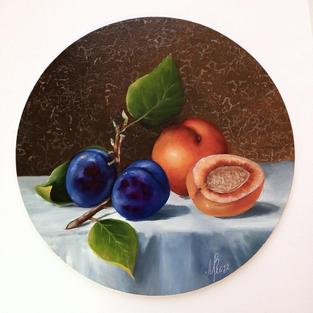 "Still Life with Plums and Peach" by Marina Mamonchik
