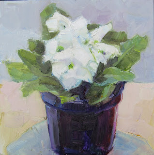 "White Primrose,still life,oil on panel,6x6,price $200" original fine art by Joy Olney