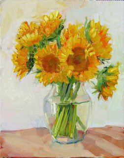 "Sunflowers from Market,still life,oil on panel,12x9,price $275" original fine art by Joy Olney