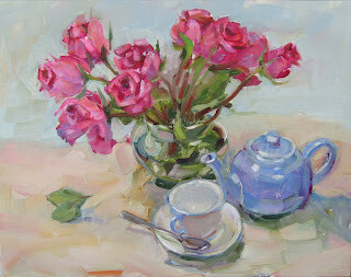 "Blue Teapot and Roses,still life,oil on panel,14x18,price $350" original fine art by Joy Olney