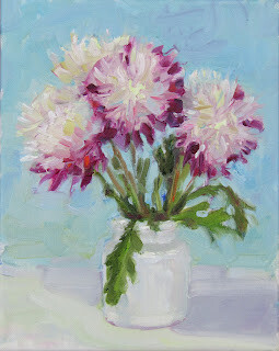 "Mums in Crock,still life,oil on canvas,10x8,price $200" original fine art by Joy Olney