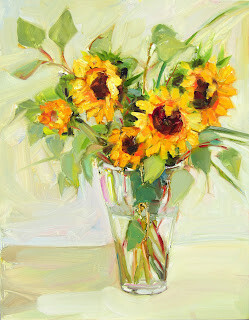 "Vase of Sunflowers,still life,oil on panel,14x11,price $325" original fine art by Joy Olney